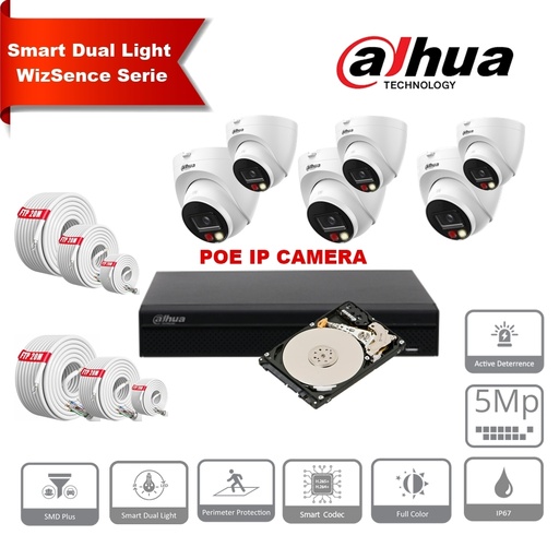[IPDH-DLW6T-5M] DAHUA Smart Dual Light Active Deterrence  WizSense-serie 30m IP-camerakit - 6x 5 megapixel 2,8 mm cameratorentjes + 8 kanalen POE NVR + 2 TB max. 8x camera