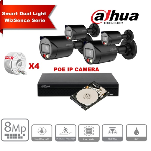 [IPDH-DLW4BB-8M] DAHUA Smart Dual Light WizSense  Series 30m IP Camera Kit - 4x 8 Megapixel 2.8mm Camera Bullet + 8 Channels POE NVR + 2TB Max 8x Camera 