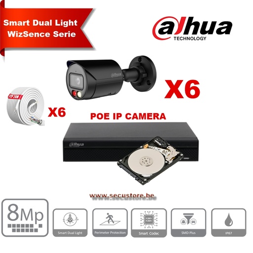 [IPDH-DLW6BB-8M] Kit de caméras IP DAHUA Smart Dual Light WizSense   Series 30 m - 6 caméras Bullet 8 mégapixels 2,8 mm  Noir+ NVR POE 8 canaux + 4To max. 8 caméras  