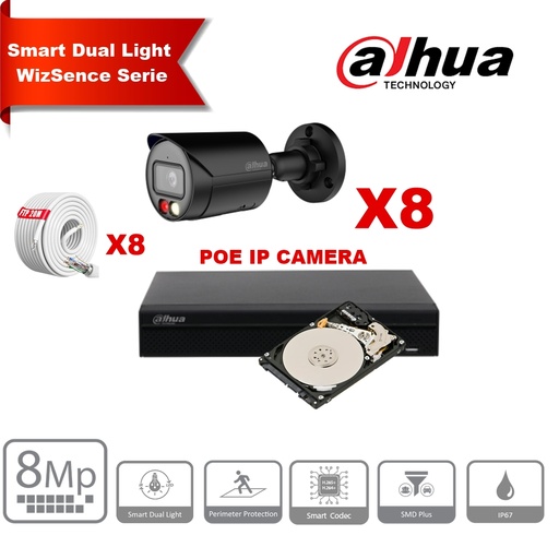 [IPDH-DLW8BB-8M] Kit de caméras IP DAHUA Smart Dual Light WizSense   Series 30 m - 8 caméras Bullet 8 mégapixels 2,8 mm  Noir+ NVR POE 8 canaux + 4To  