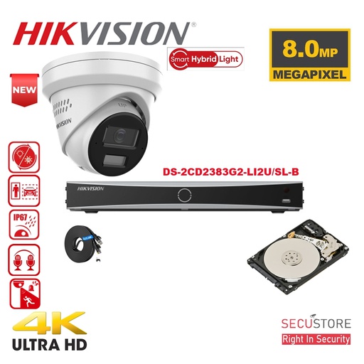 [IPKIT04-T4W] Kit caméra HIKVISION Acusense jusqu'à 4x- Éclairage hybride intelligent - Caméra Tourelle Blanche IP 4k-8MP Lumière stroboscopique active et alarme audio - Dual Microphone  -NVR Acusense NXI Series 4x canaux avec POE  jusqu'à 4x caméras IP