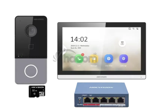 [DS-KIS607-S] Hikvision DS-KIS607-S Kit interphone vidéo IP PoE pour villa : 1 bouton d'appel, montage en surface, écran tactile Wi-Fi 7 pouces et commutateur PoE 5 ports.