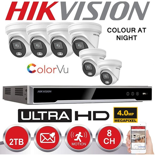 [IPG1CV-4M-6T] HIKVISION IP Surveillance Kit 6x Colorvu G1 ProIP-camera's 4 MP vaste lens 4,0 mm IR 30M + NVR HIKVISION 8 Ch - harde schijf Voorgeïnstalleerd 4 TB